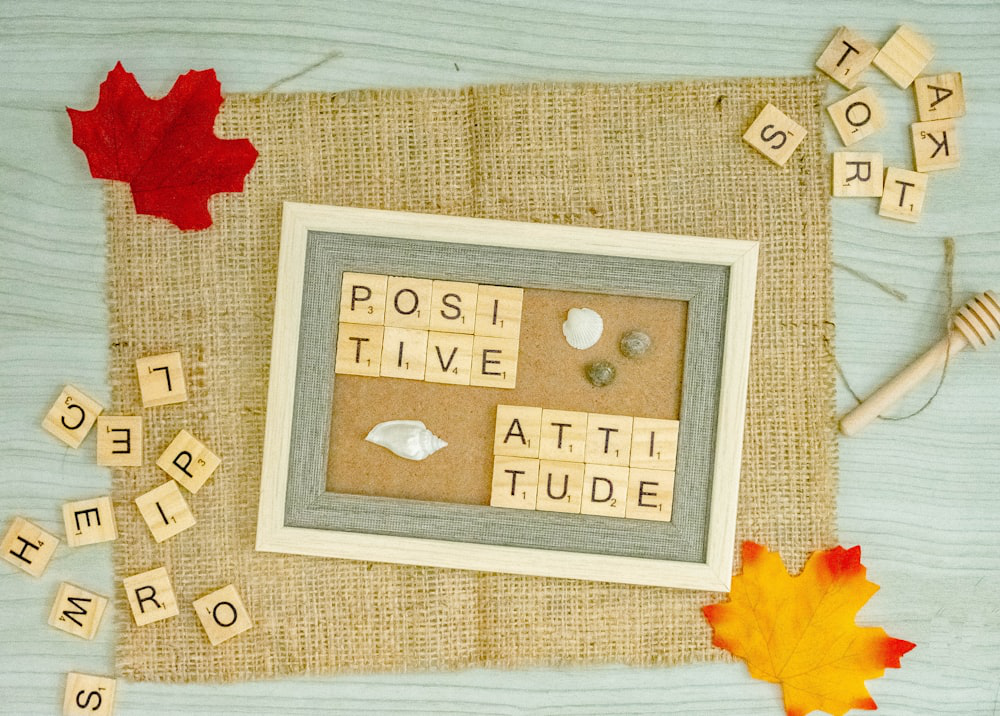 A Photo Frame on a Piece of Cloth Containing Scrabble Bricks Spelling Out a Positive Self-Talk Message